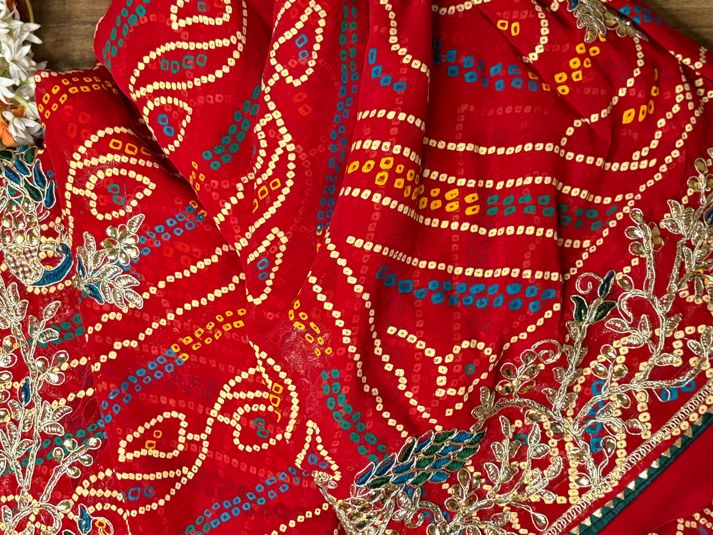 Scarlet Elegance Bandhani Georgette Saree